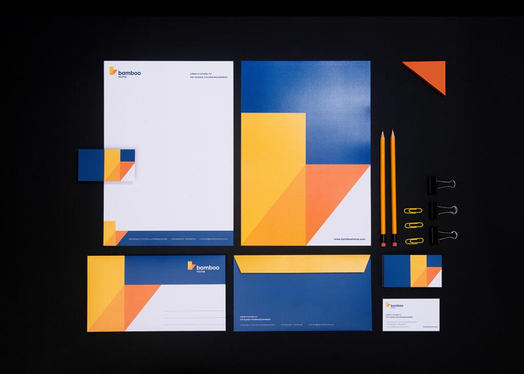 Bamboo Home 建筑公司品牌vis視覺(jué)識(shí)別設(shè)計(jì)，平面幾何色塊構(gòu)建立體效果