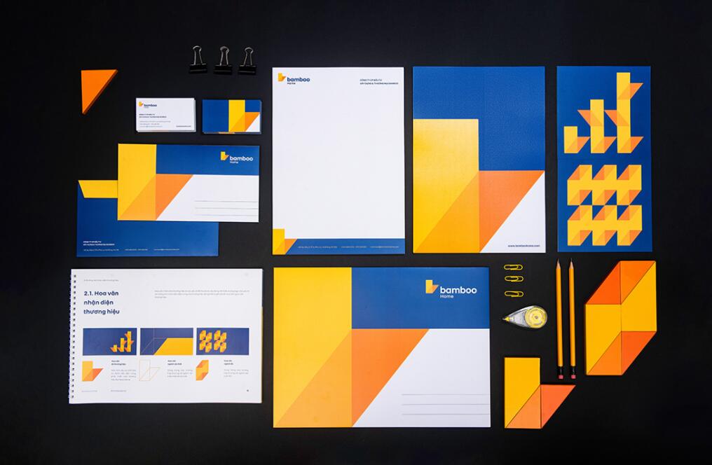 Bamboo Home 建筑公司品牌vis視覺(jué)識(shí)別設(shè)計(jì)，平面幾何色塊構(gòu)建立體效果