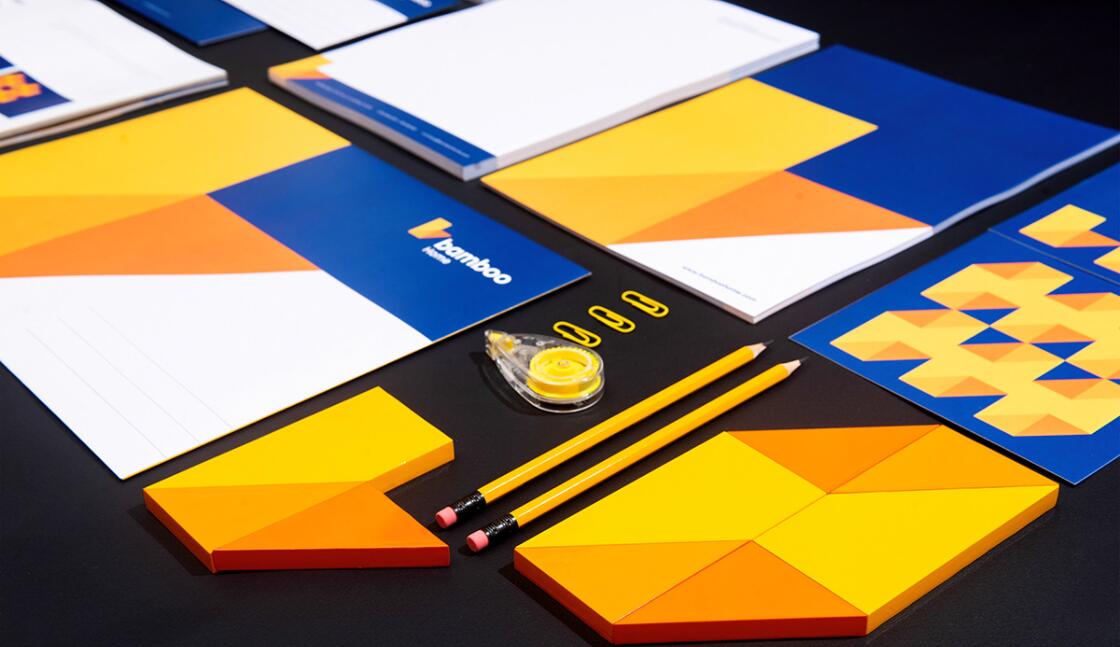 Bamboo Home 建筑公司品牌vis視覺(jué)識(shí)別設(shè)計(jì)，平面幾何色塊構(gòu)建立體效果