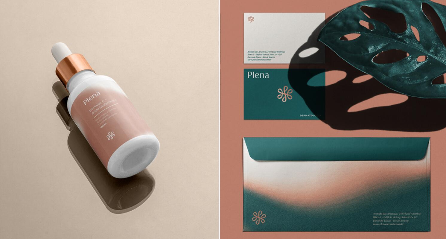 Plena皮膚科美容護理診所logo設計品牌vi形象設計，綠粉雙色漸變風格