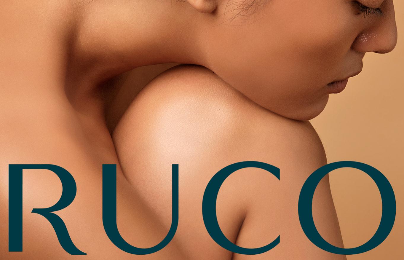 Ruco非手術美容與皮膚護理醫療logo設計vi設計。青黑色金色奢侈風與循環交叉線條