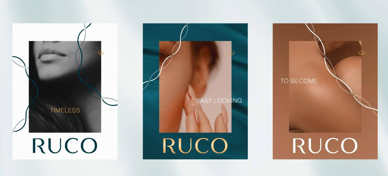 Ruco非手術美容與皮膚護理醫療logo設計vi設計。青黑色金色奢侈風與循環交叉線條