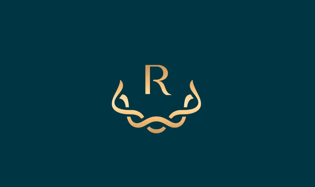 Ruco非手術美容與皮膚護理醫療logo設計vi設計。青黑色金色奢侈風與循環交叉線條