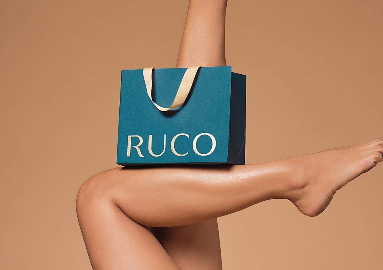 Ruco非手術美容與皮膚護理醫療logo設計vi設計。青黑色金色奢侈風與循環交叉線條