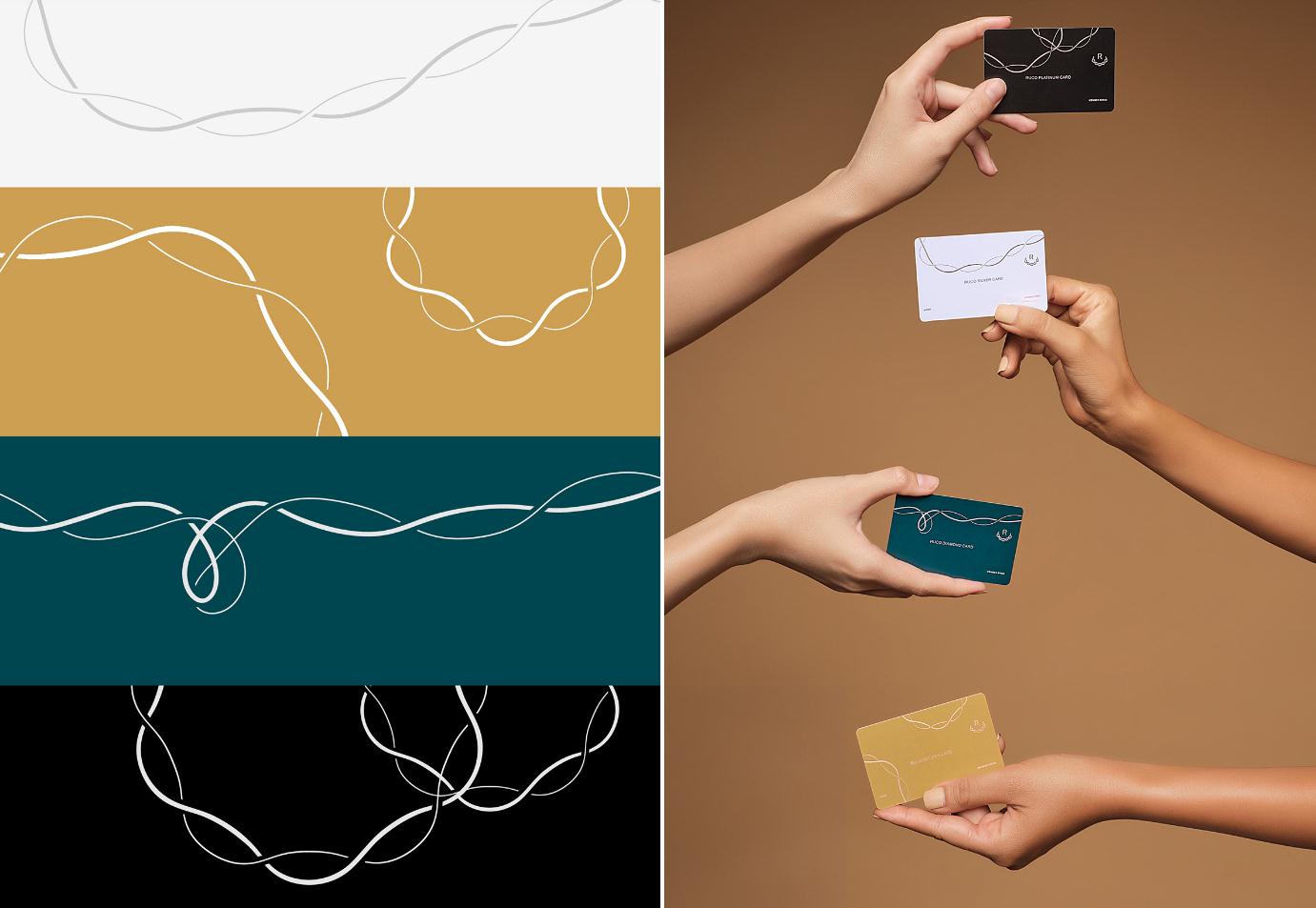 Ruco非手術美容與皮膚護理醫療logo設計vi設計。青黑色金色奢侈風與循環交叉線條-主題視覺輔助圖形