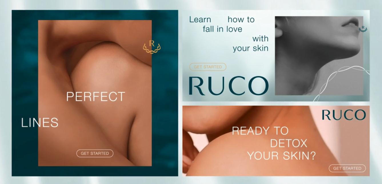 Ruco非手術美容與皮膚護理醫療logo設計vi設計。青黑色金色奢侈風與循環交叉線條-版式與布局設計