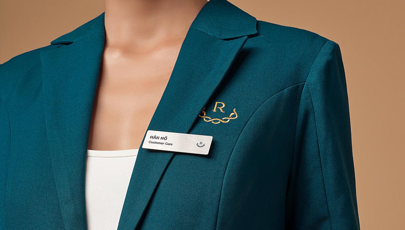 Ruco非手術美容與皮膚護理醫療logo設計vi設計。青黑色金色奢侈風與循環交叉線條-制服設計