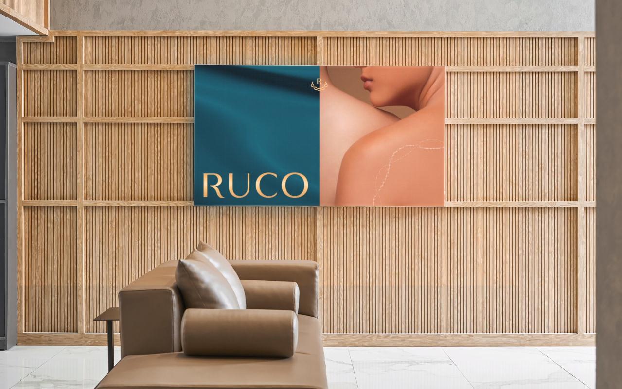 Ruco非手術美容與皮膚護理醫療logo設計vi設計。青黑色金色奢侈風與循環交叉線條-醫療中心內部空間設計