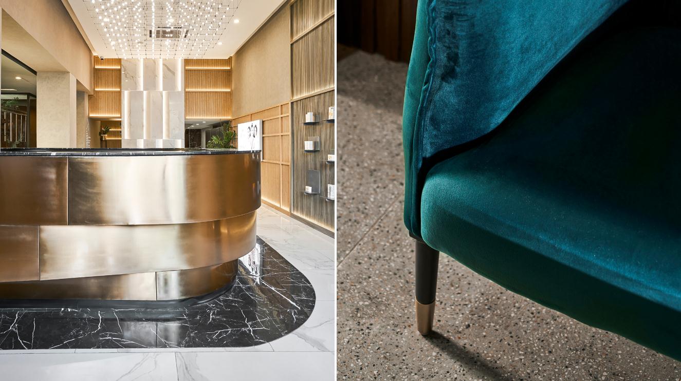 Ruco非手術美容與皮膚護理醫療logo設計vi設計。青黑色金色奢侈風與循環交叉線條-醫療中心內部空間設計