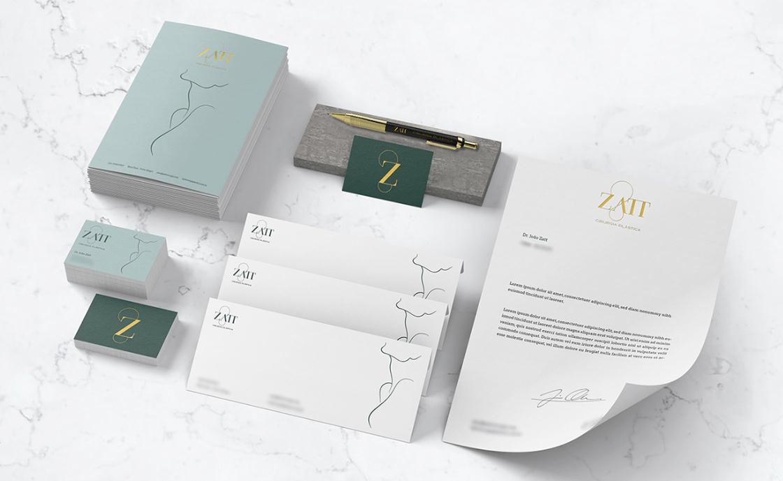 Zatt 美容整形外科診所logo設計vi設計，綠金配色清新精致風格