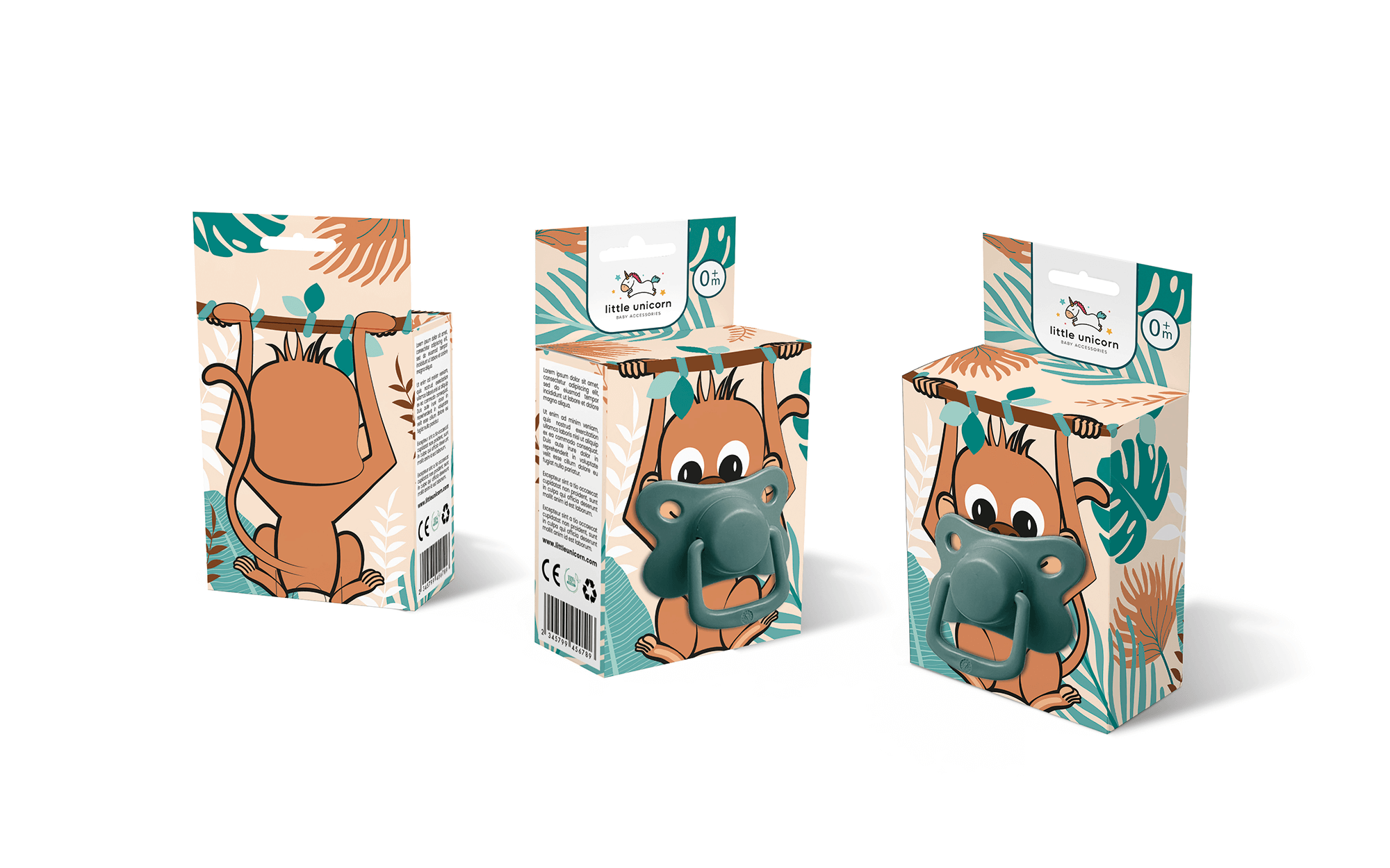 小獨角獸嬰兒奶嘴包裝設計“熊貓、長頸鹿和小猴子”插畫 小獨角獸嬰兒奶嘴包裝設計“熊貓、長頸鹿和小猴子”插畫