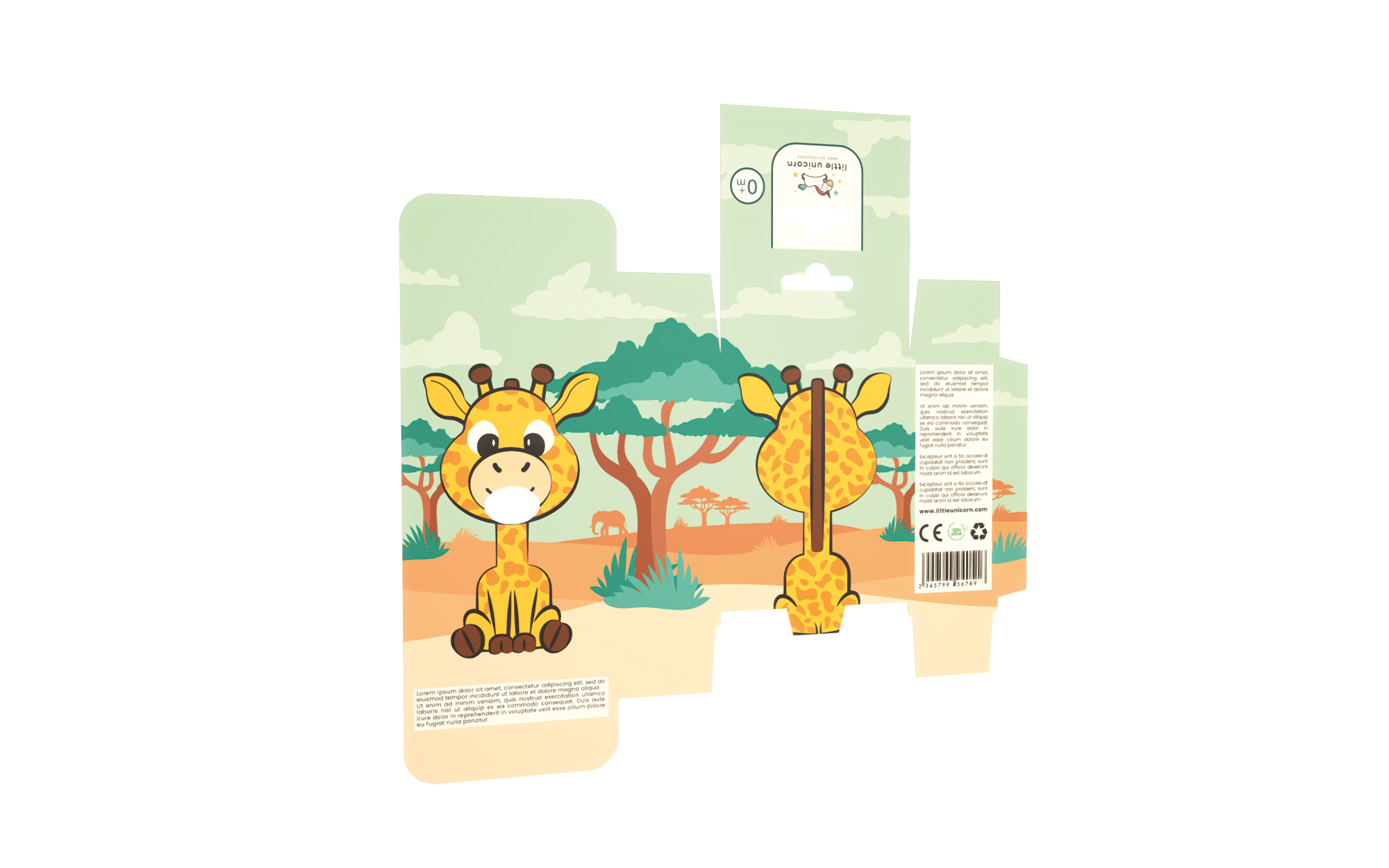 小獨角獸嬰兒奶嘴包裝設計“熊貓、長頸鹿和小猴子”插畫 小獨角獸嬰兒奶嘴包裝設計“熊貓、長頸鹿和小猴子”插畫