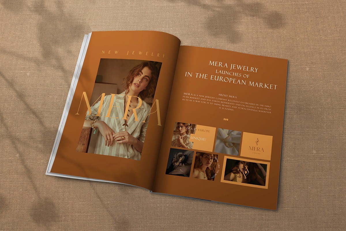 Mira Jewelry珠寶品牌logo設計視覺識別vi設計,暖黃色金色