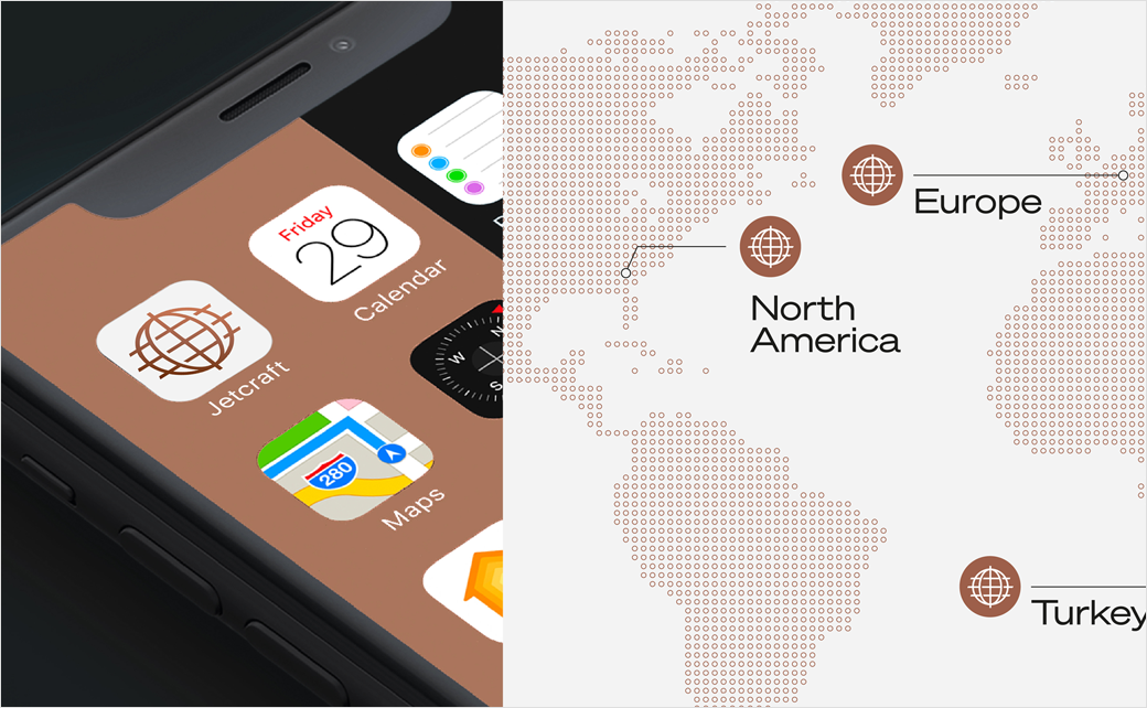 Jetcraft 全球私人飛機經紀貿易公司logo設計vi設計”銅色線條地球“