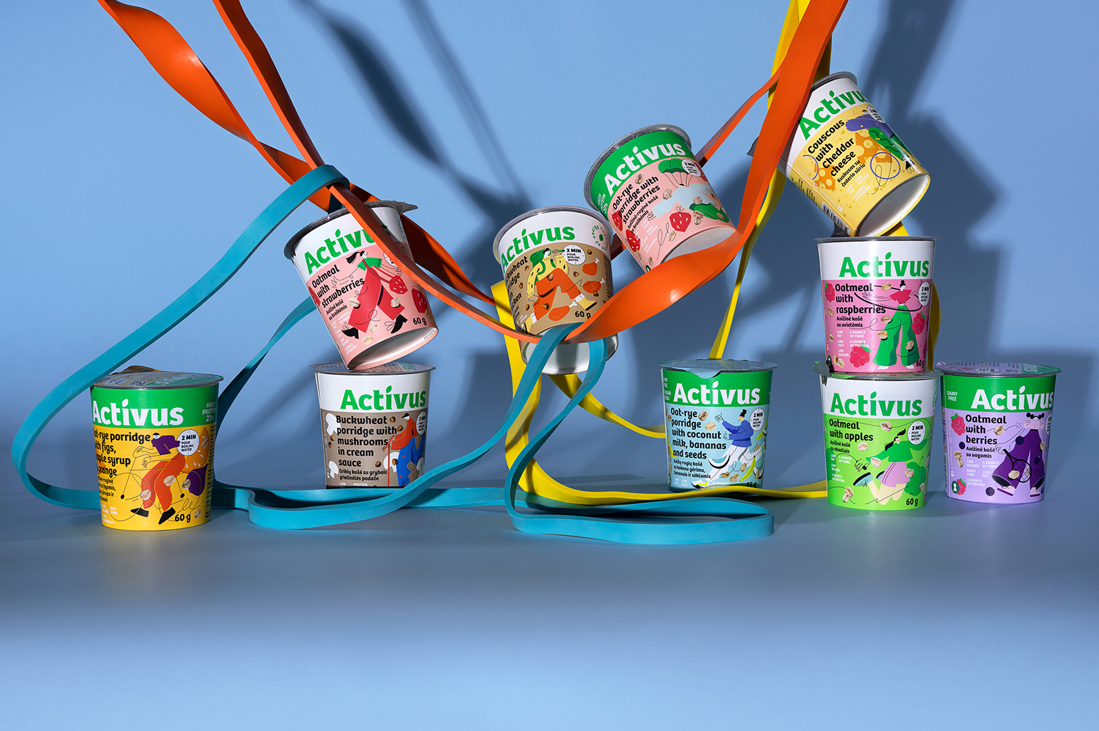 ACTIVUS 杯裝健康速食早餐午餐包裝設計，比例夸張的活力人物插畫