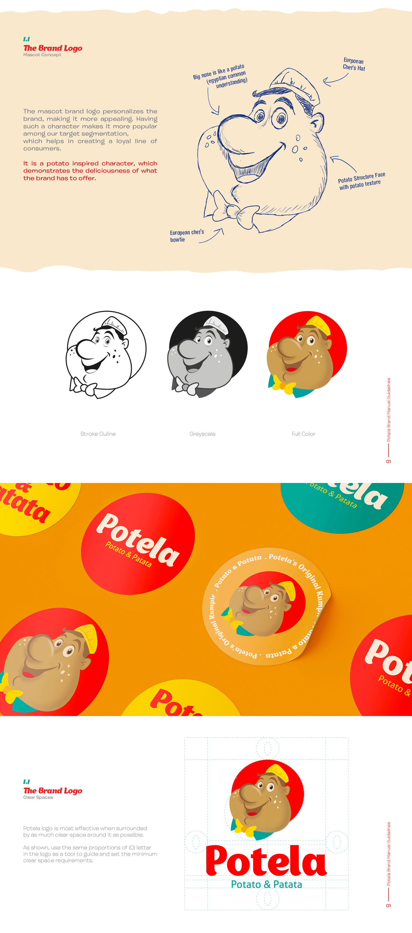Potela餐廳餐飲品牌形象視覺識別vi設計“豐富配色”與”大鼻子土豆“吉祥物設計