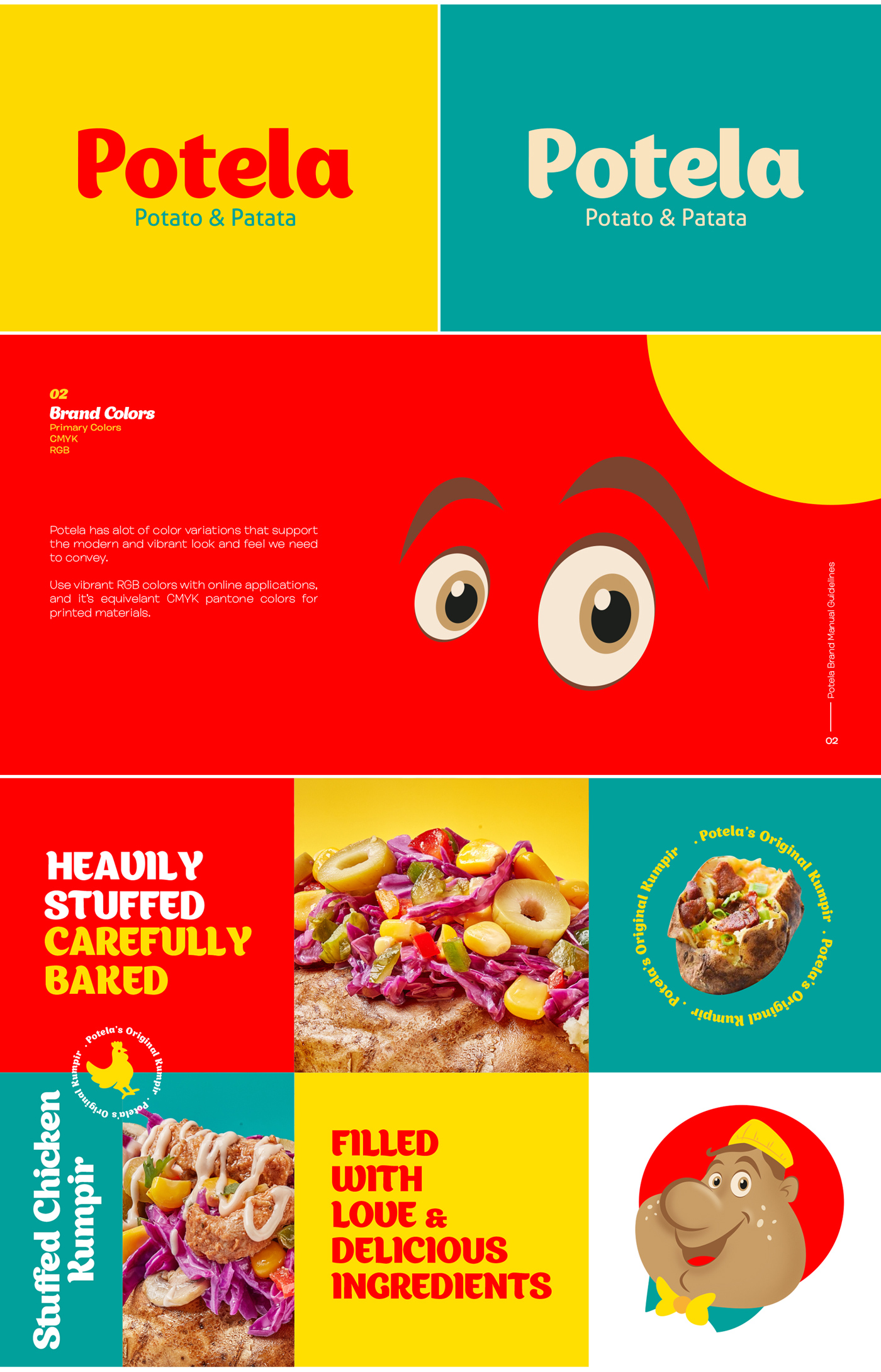 Potela西式餐廳餐飲品牌形象視覺識別vi設計“豐富配色”與”大鼻子土豆“吉祥物設計