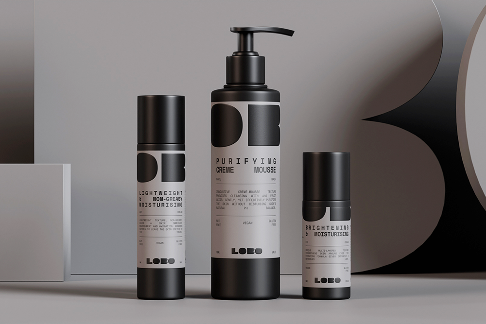 LOBO 男性有機護膚化妝品品牌logo設計包裝設計，黑灰粗體字風格