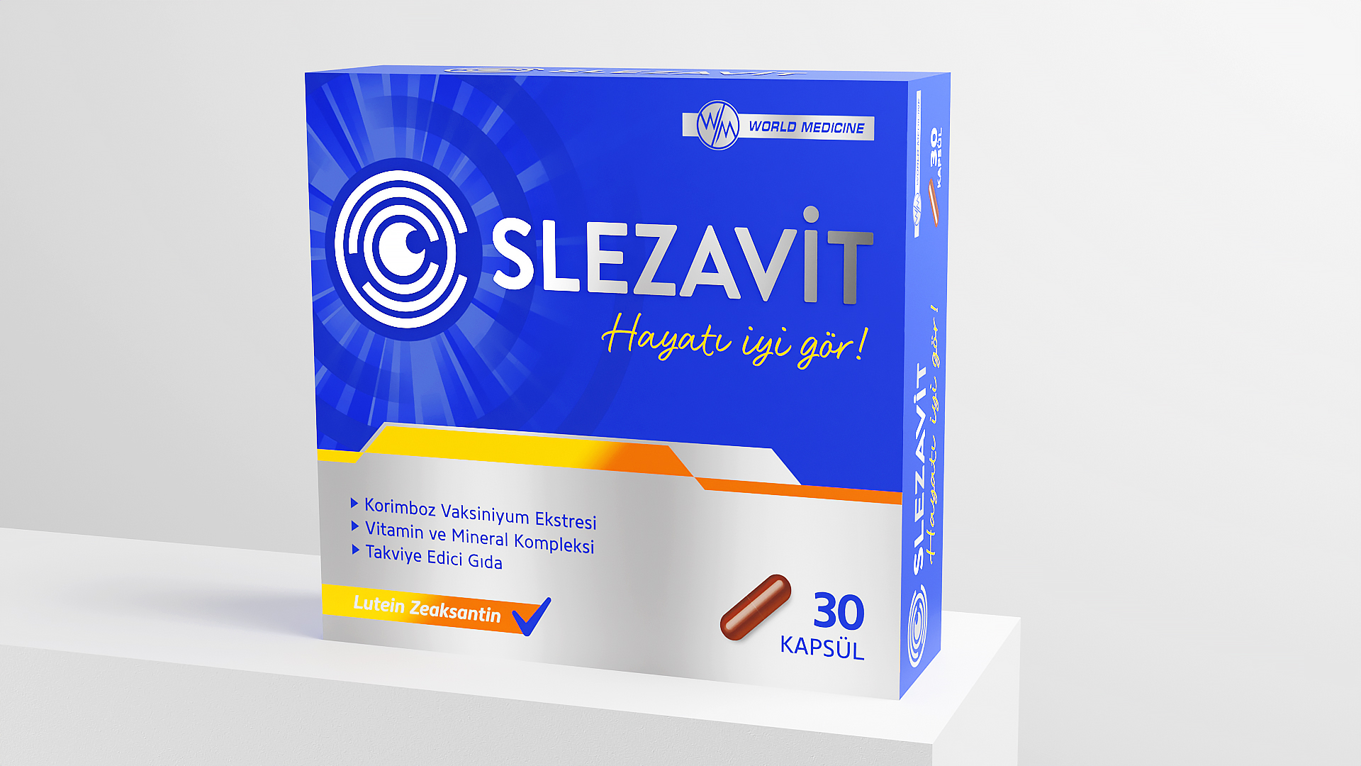 Slezavit 眼睛維生素健康保健品膠囊包裝設計，突出品牌商標
