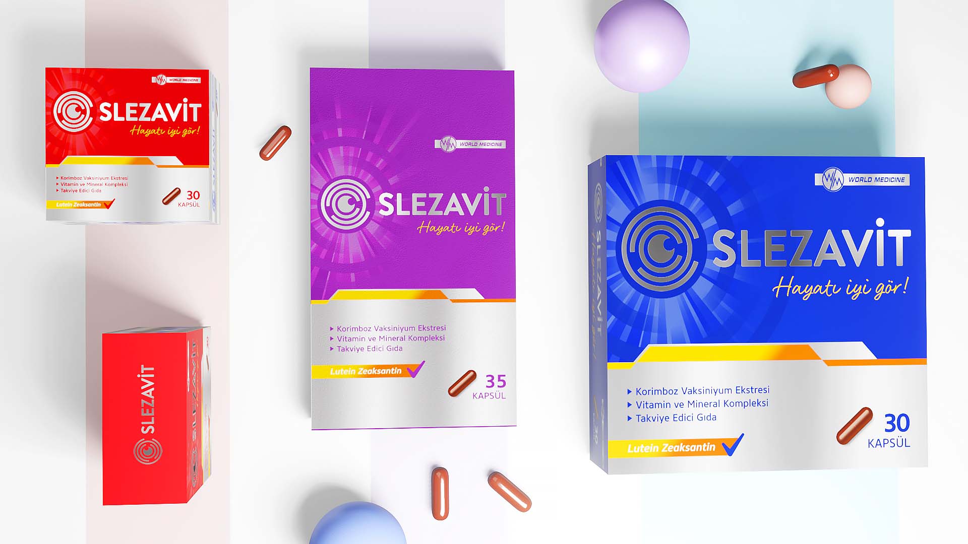 Slezavit 眼睛維生素健康保健品膠囊包裝設計，突出品牌商標