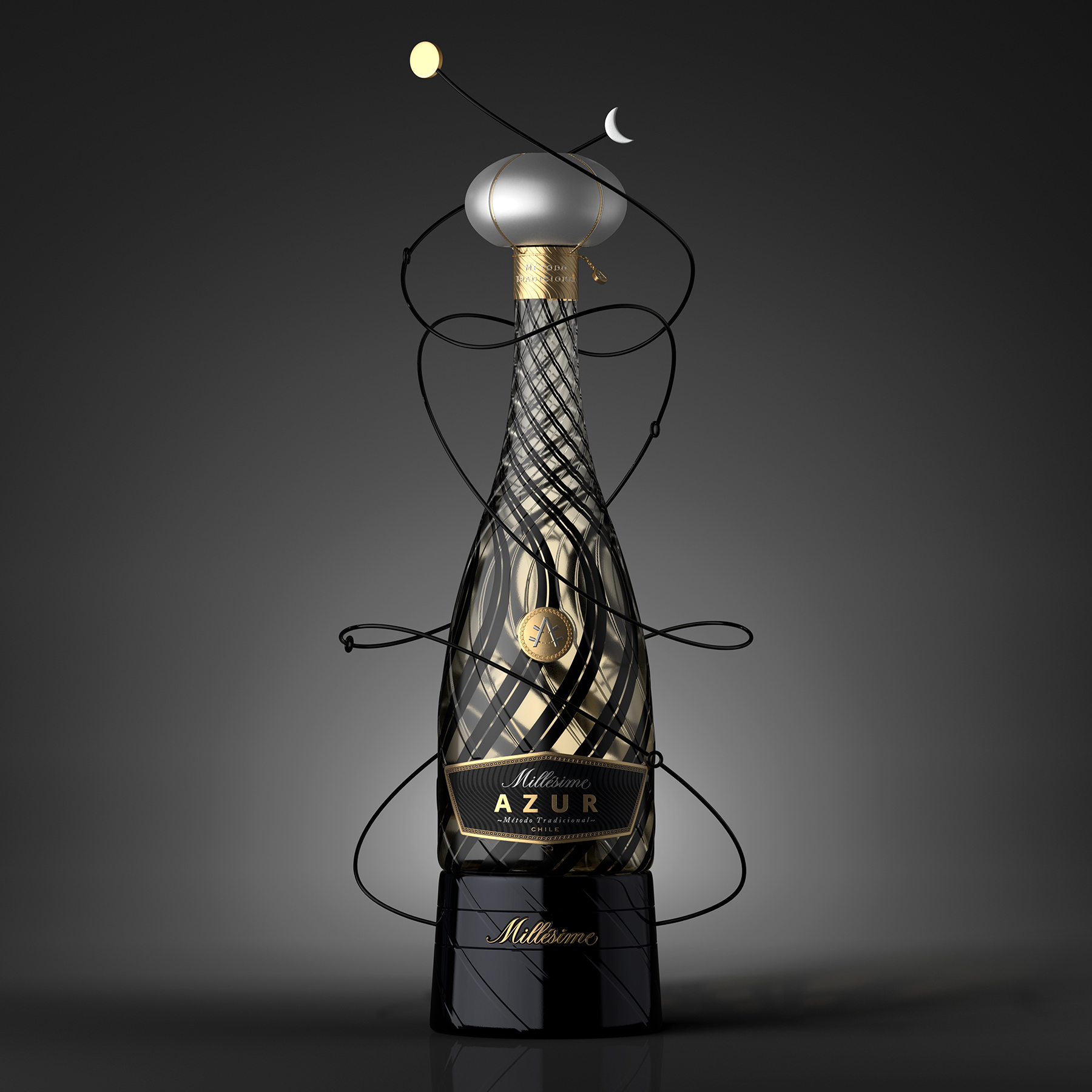Azur 起泡酒包裝設計瓶型設計，黑金螺旋線條