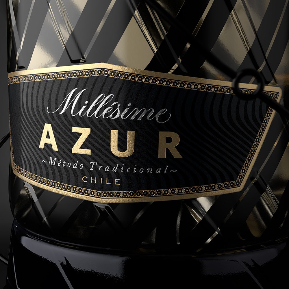 Azur 起泡酒包裝設計瓶型設計，黑金螺旋線條