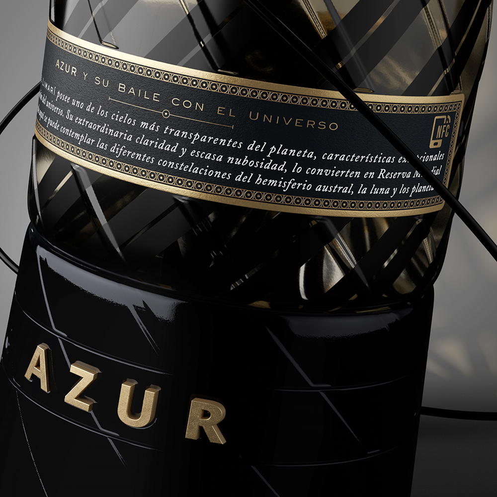 Azur 起泡酒包裝設計瓶型設計，黑金螺旋線條