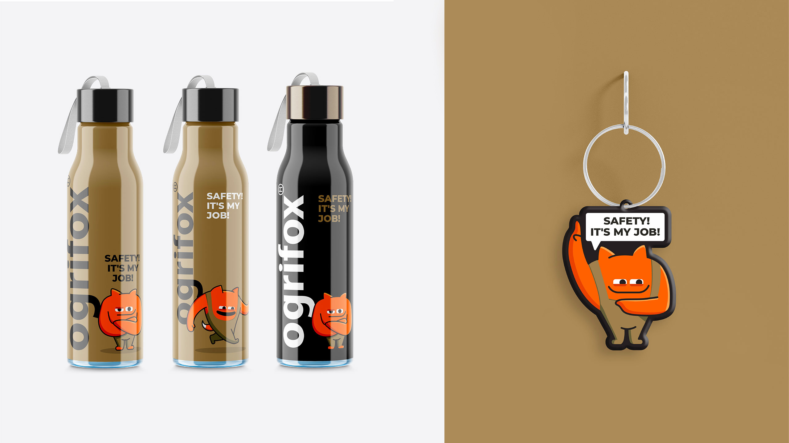 Ogrifox 安全防護服手套帽子工具工作服服飾“狐貍巨人”品牌卡通吉祥物設計及物料應用-水瓶及鑰匙扣