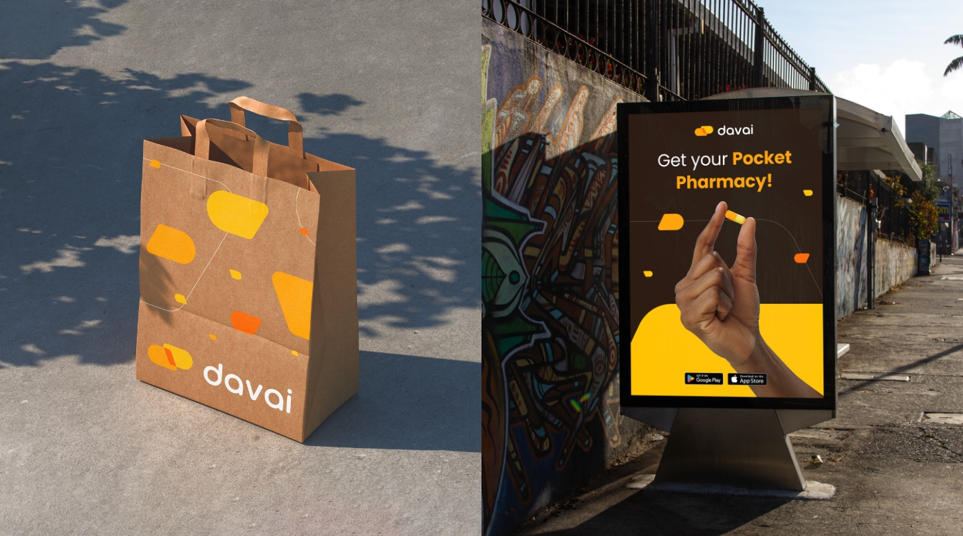 B2B制藥Davai平臺logo設計vi設計，橙色醫藥膠囊風格