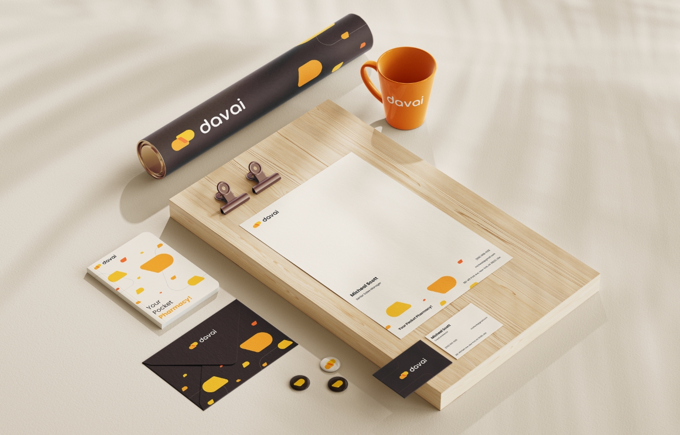 B2B制藥Davai平臺logo設計vi設計，橙色醫藥膠囊風格