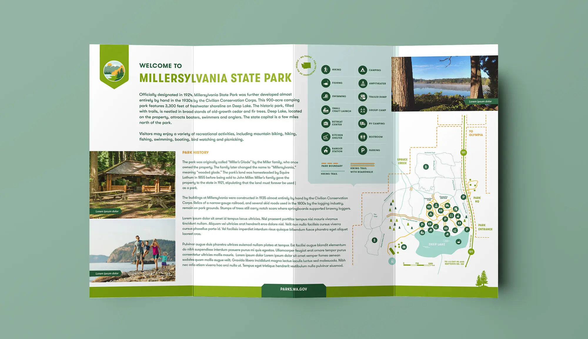 華盛頓州立深林公園logo設計，展示主要地形地貌特點-宣傳單頁