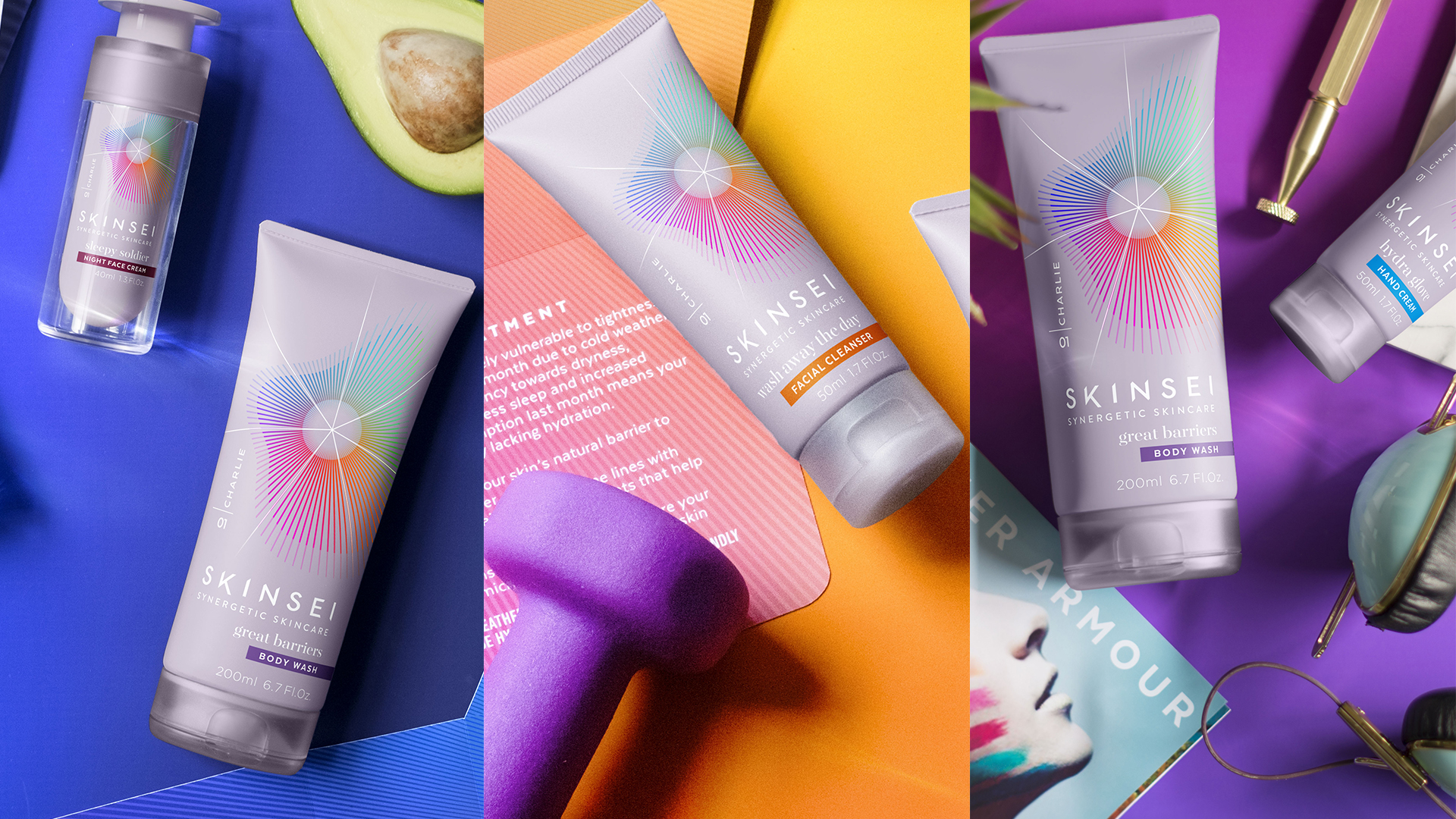 Skinsei私人個(gè)性化護(hù)膚品化妝品包裝設(shè)計(jì)，明亮多彩的萬(wàn)花筒線條光譜主視覺(jué)圖案