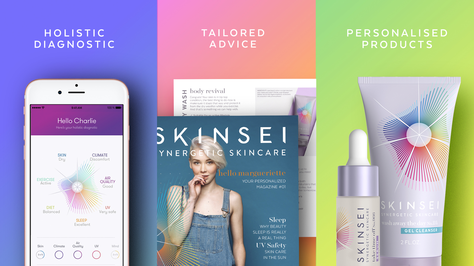 Skinsei私人個(gè)性化護(hù)膚品化妝品包裝設(shè)計(jì)，明亮多彩的萬(wàn)花筒線條光譜主視覺(jué)圖案