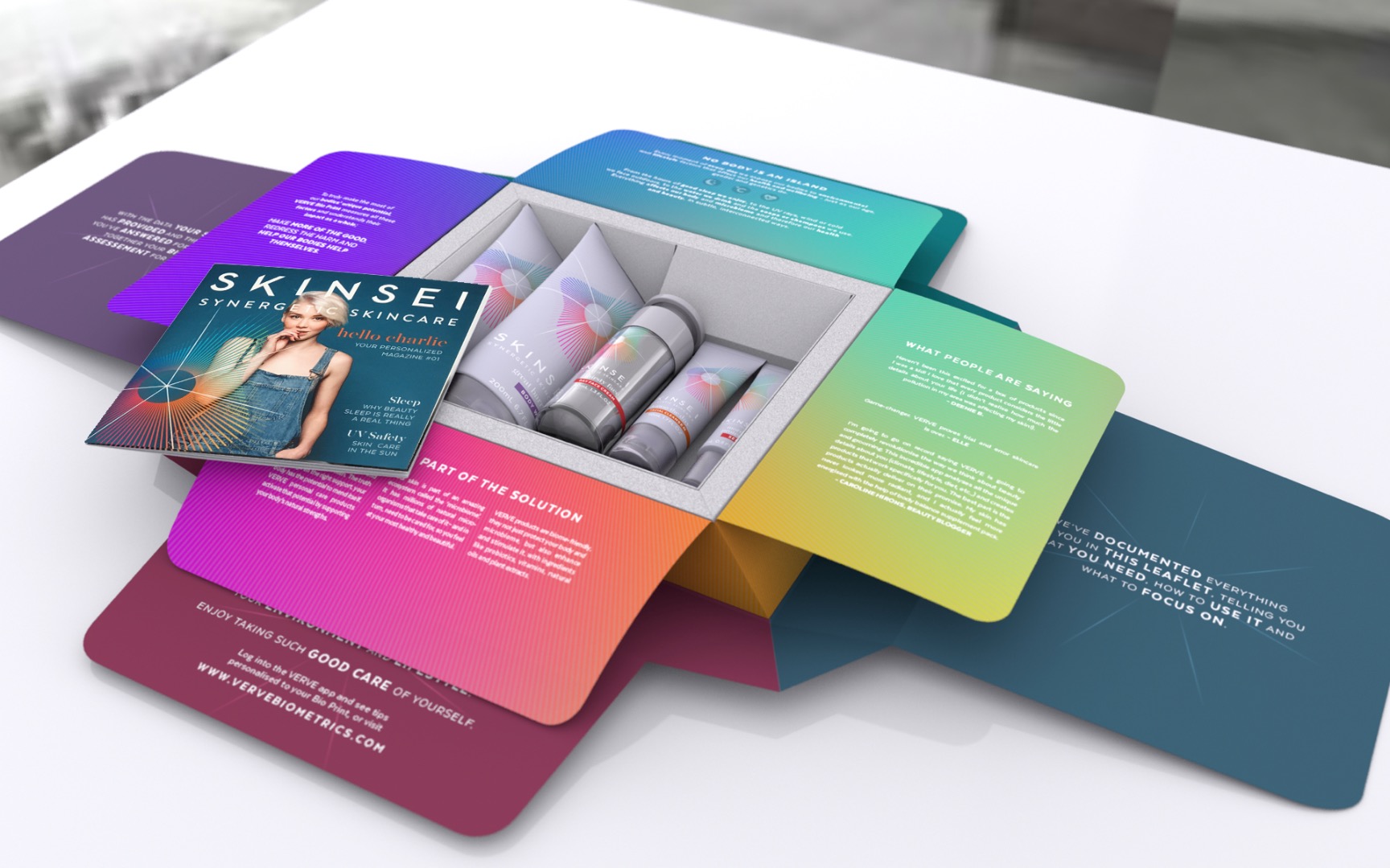 Skinsei私人個(gè)性化護(hù)膚品化妝品包裝設(shè)計(jì)，明亮多彩的萬(wàn)花筒線條光譜主視覺(jué)圖案