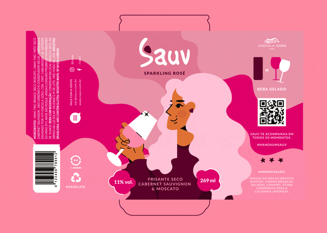 Sauv罐裝葡萄酒標簽包裝設計和時尚人物插圖，開發年輕人更廣泛日常使用場景