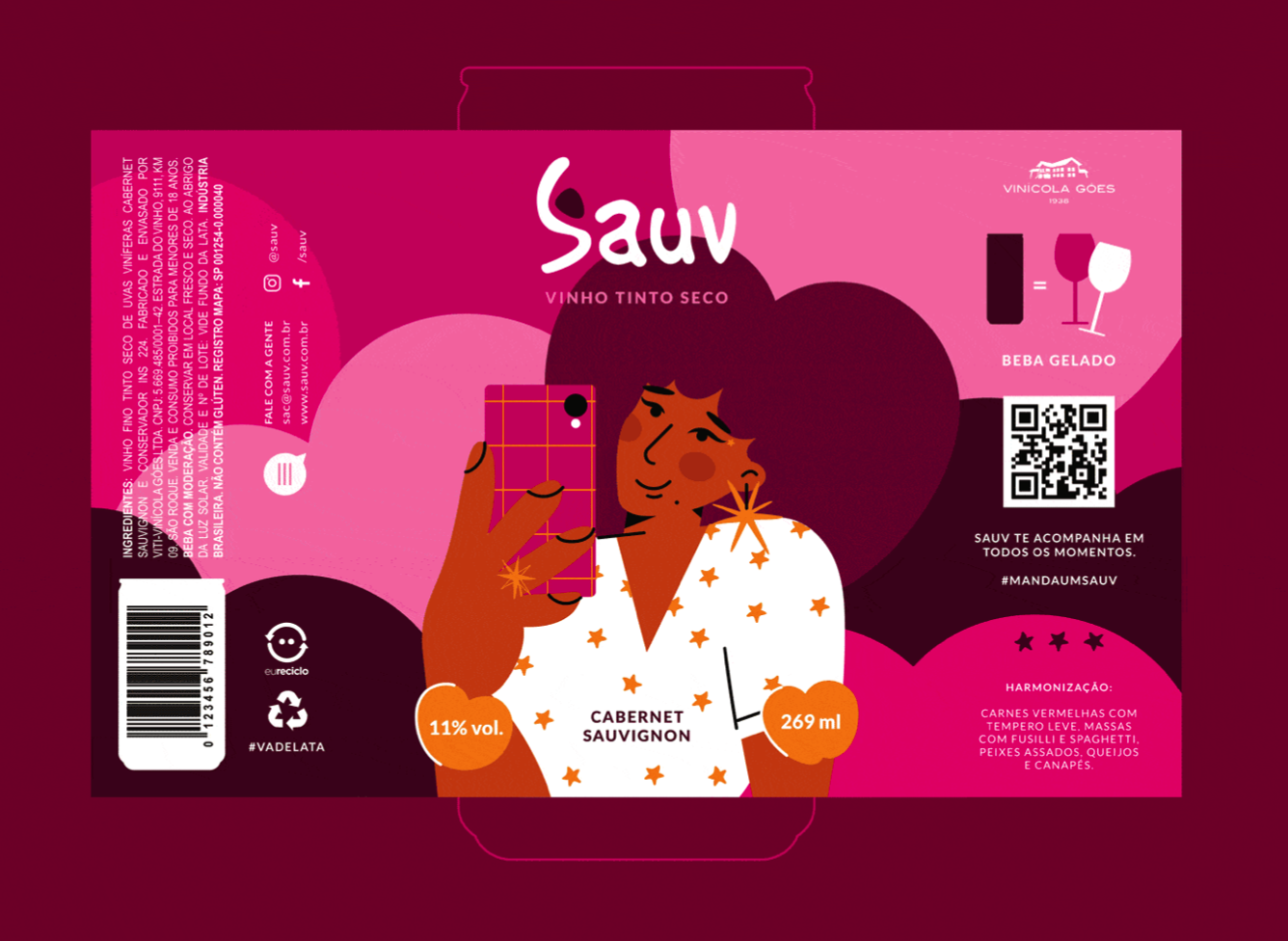 Sauv罐裝葡萄酒標簽包裝設計和時尚人物插圖，開發年輕人更廣泛日常使用場景