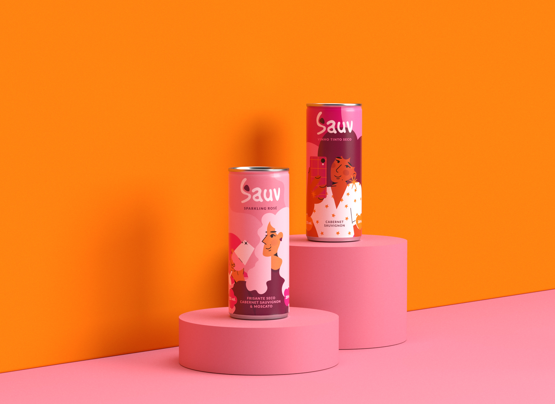 Sauv罐裝葡萄酒標簽包裝設計和時尚人物插圖，開發年輕人更廣泛日常使用場景