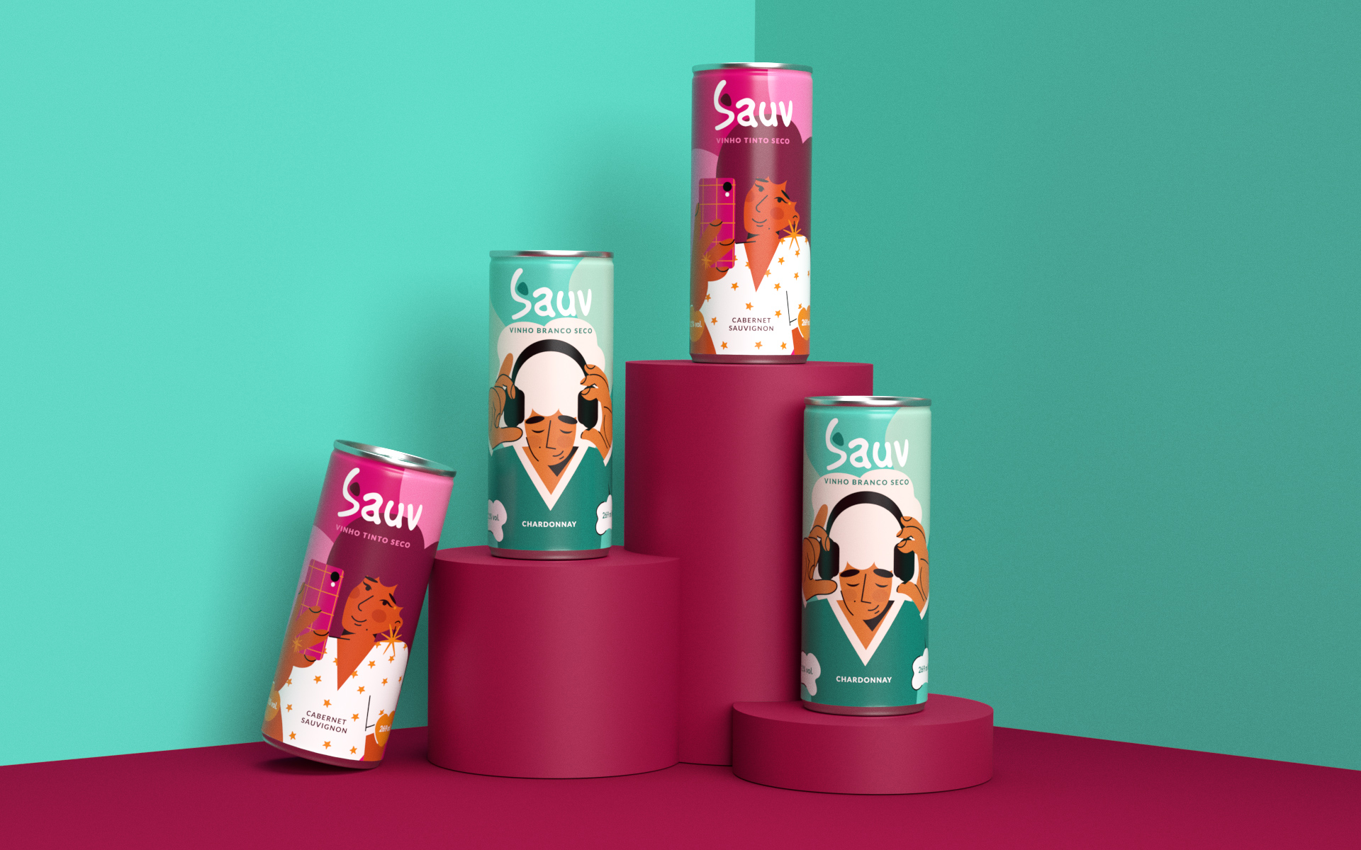 Sauv罐裝葡萄酒標簽包裝設計和時尚人物插圖，開發年輕人更廣泛日常使用場景