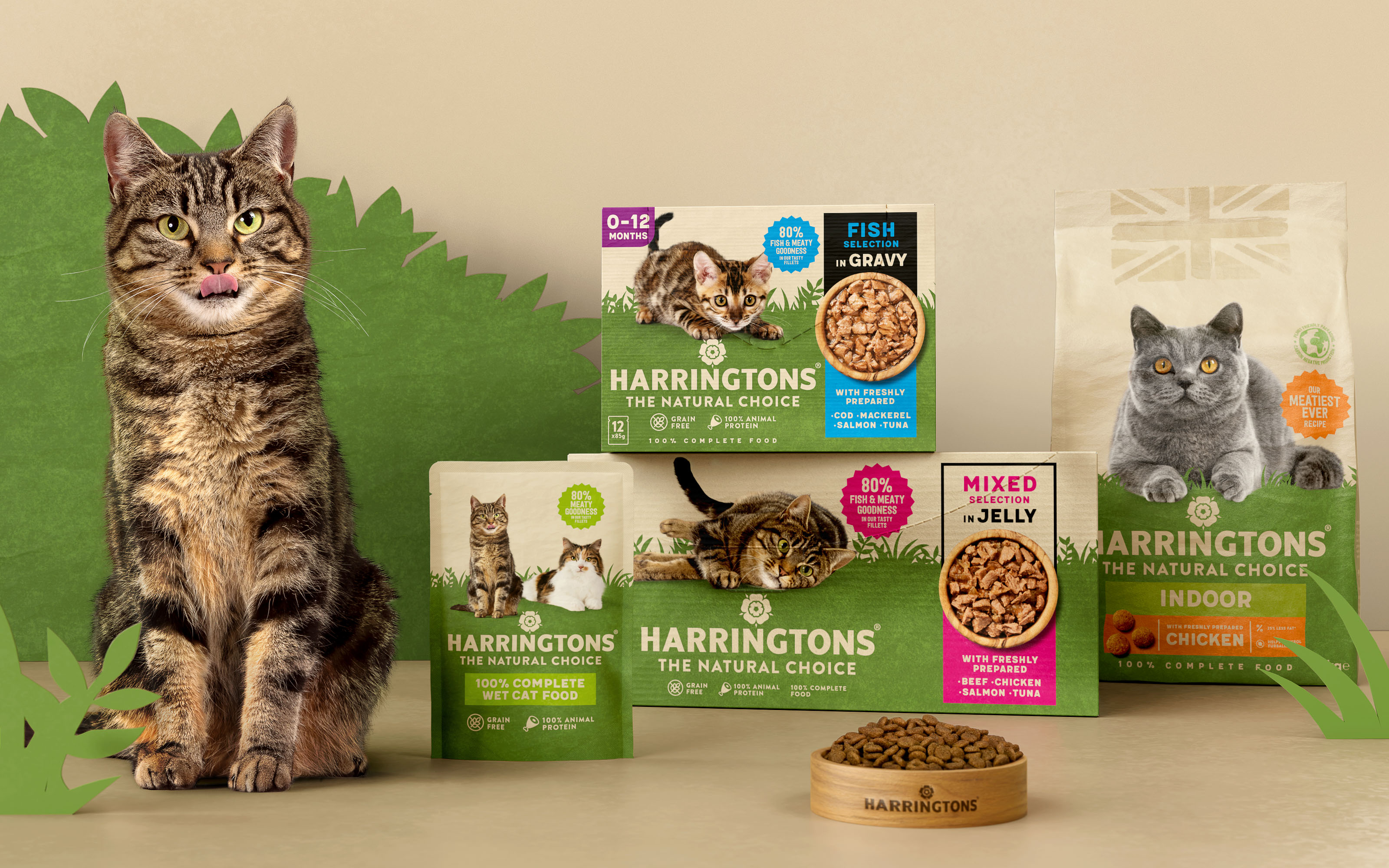 Harringtons哈靈頓貓糧狗糧寵物食品包裝設計，“草地動物”視覺貫穿所有包裝