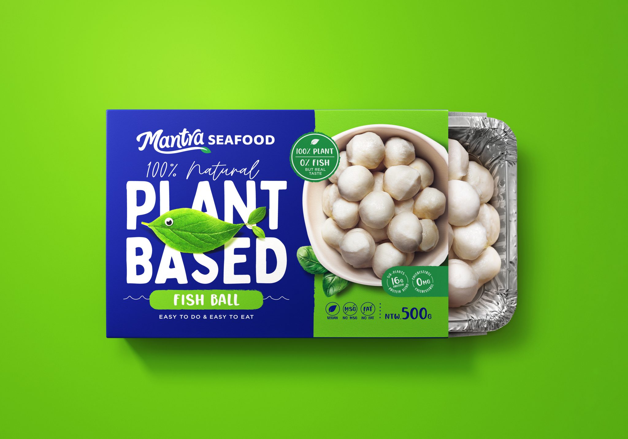 Mantra植物基素食海鮮食品包裝設計，藍色品牌識別+植物葉子海洋生物