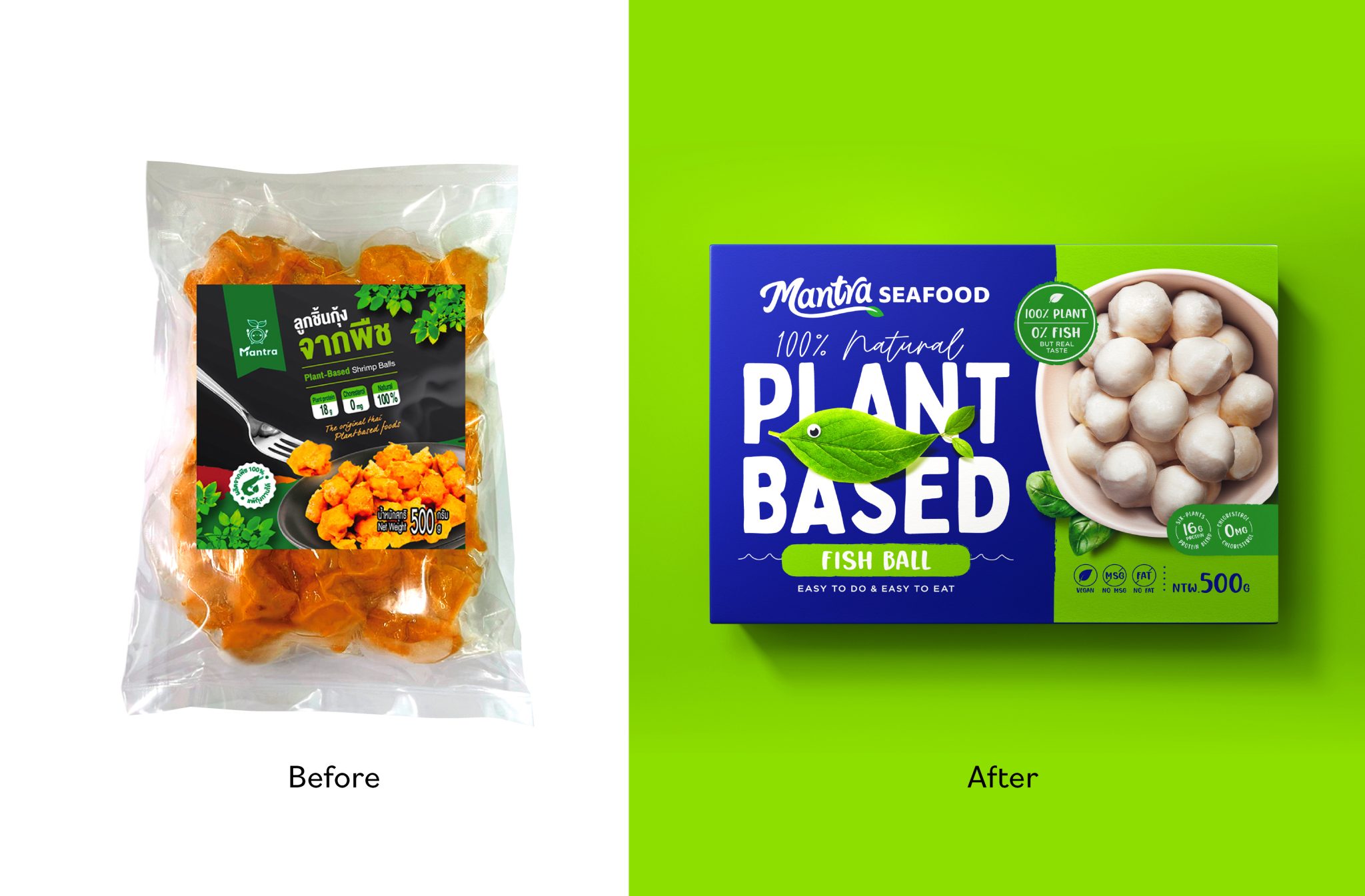 Mantra植物基素食海鮮食品包裝設計，藍色品牌識別+植物葉子海洋生物