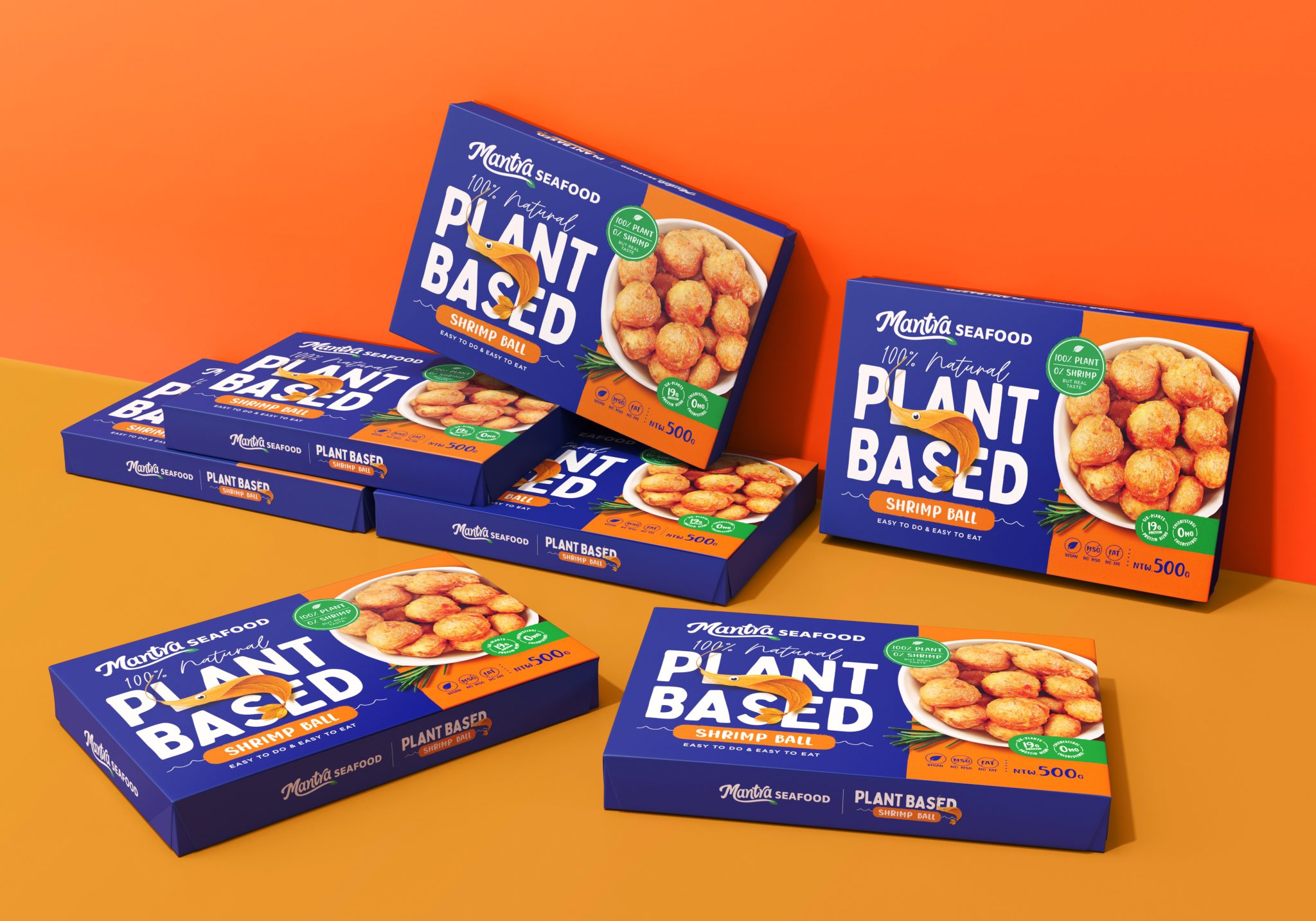 Mantra植物基素食海鮮食品包裝設計，藍色品牌識別+植物葉子海洋生物