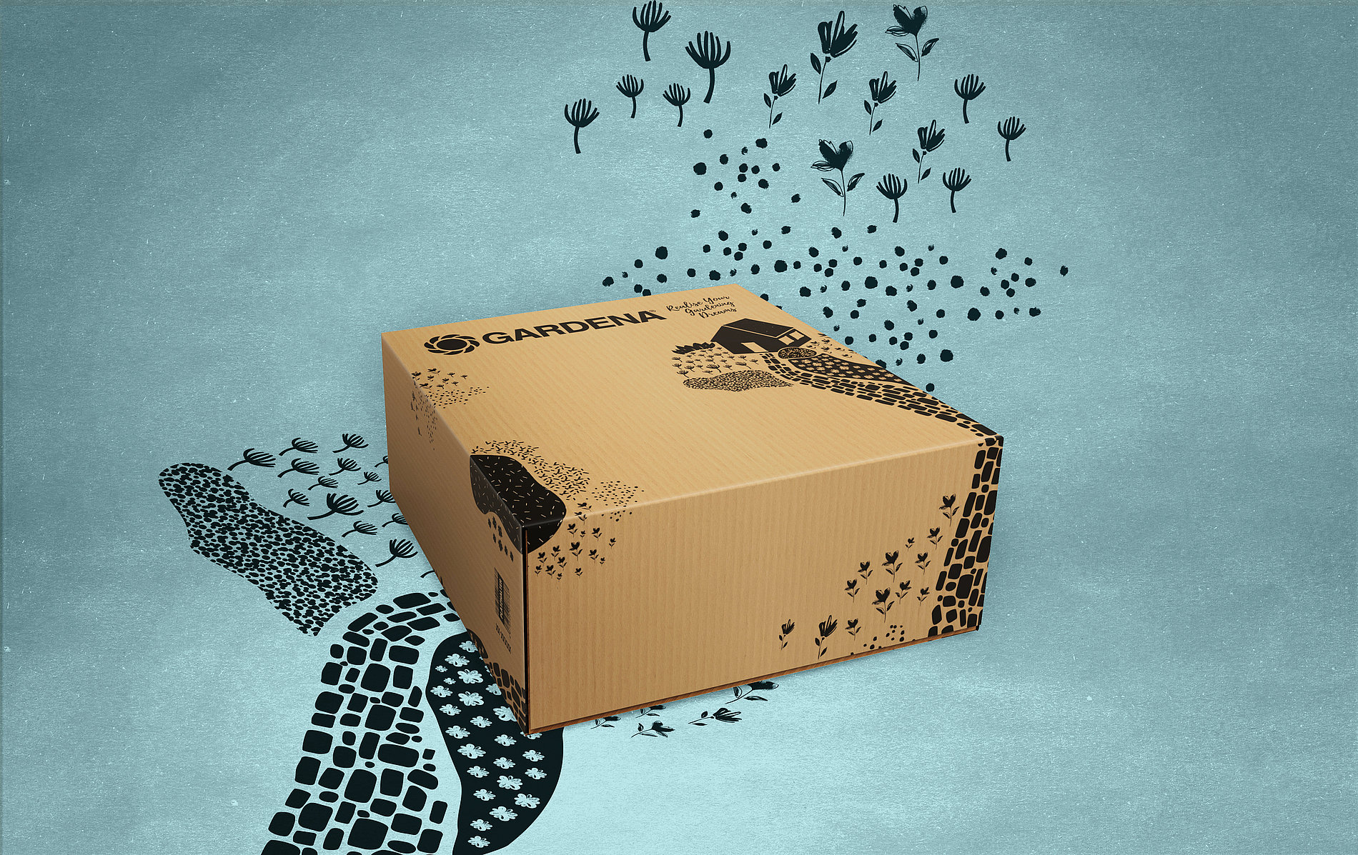 園藝工具領導者Gardena快遞產品瓦楞紙包裝盒設計，花園鮮花灌木叢小路小房子插畫