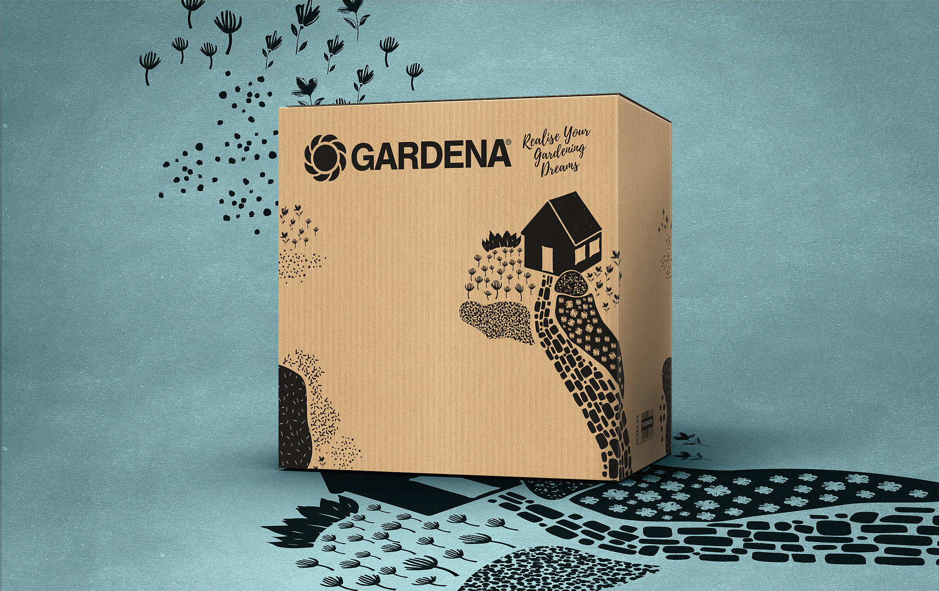 園藝工具領導者Gardena快遞產品瓦楞紙包裝盒設計，花園鮮花灌木叢小路小房子插畫