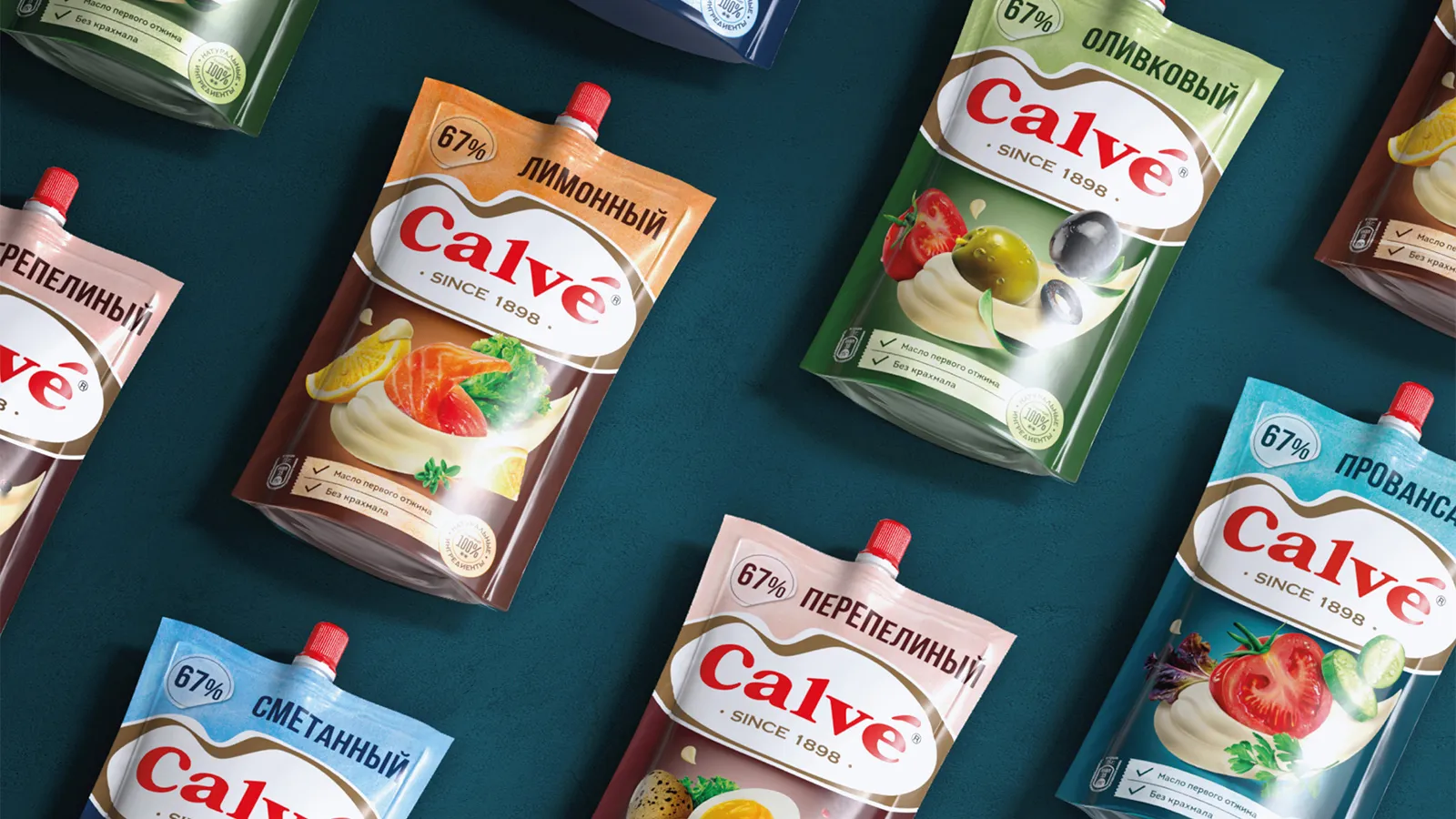 Calvé 袋裝蛋黃醬醬汁調味料花生醬調味品包裝設計，突出品牌logo