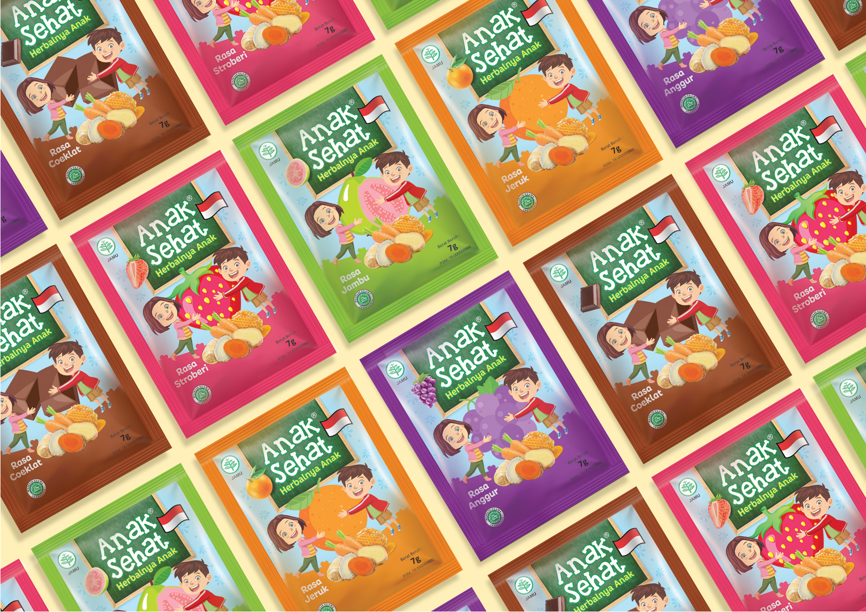 ANAK SEHAT 兒童果泥水果干包裝設計“兒童擁抱水果插畫”