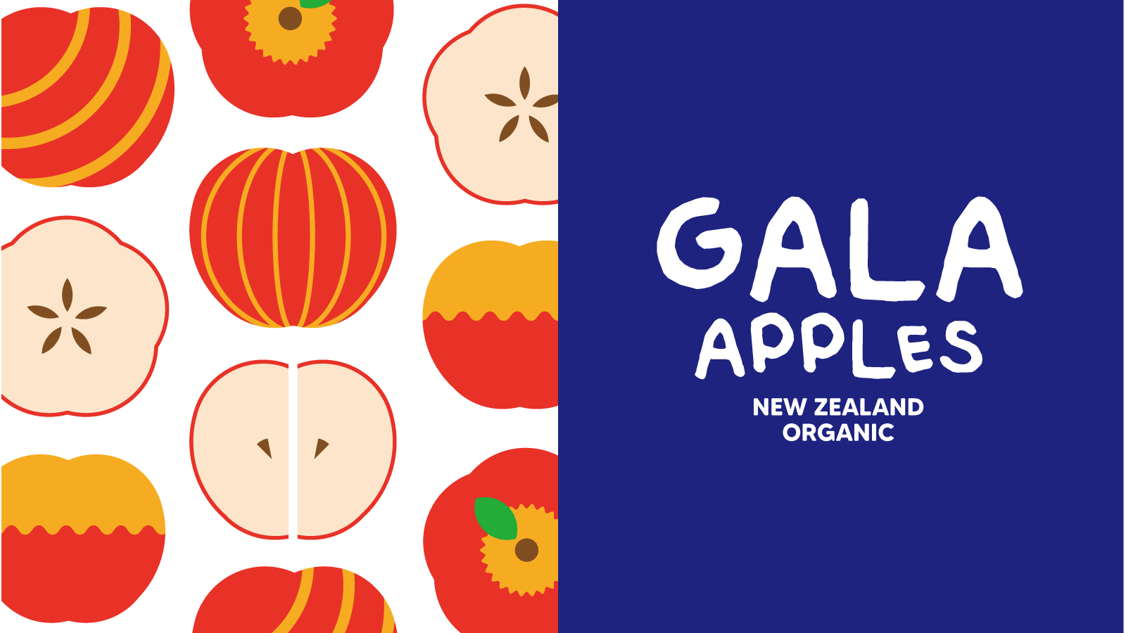 GALA 新西蘭有機蘋果節慶敞開式包裝盒設計，新西蘭國旗色+扁平圖標組合