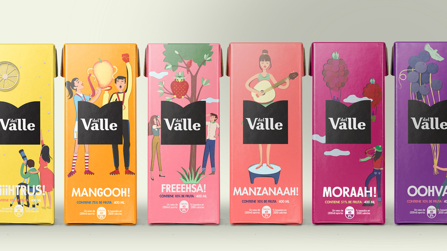 DEL VALLE 果汁包裝設計，少男少女+水果場景創意插畫