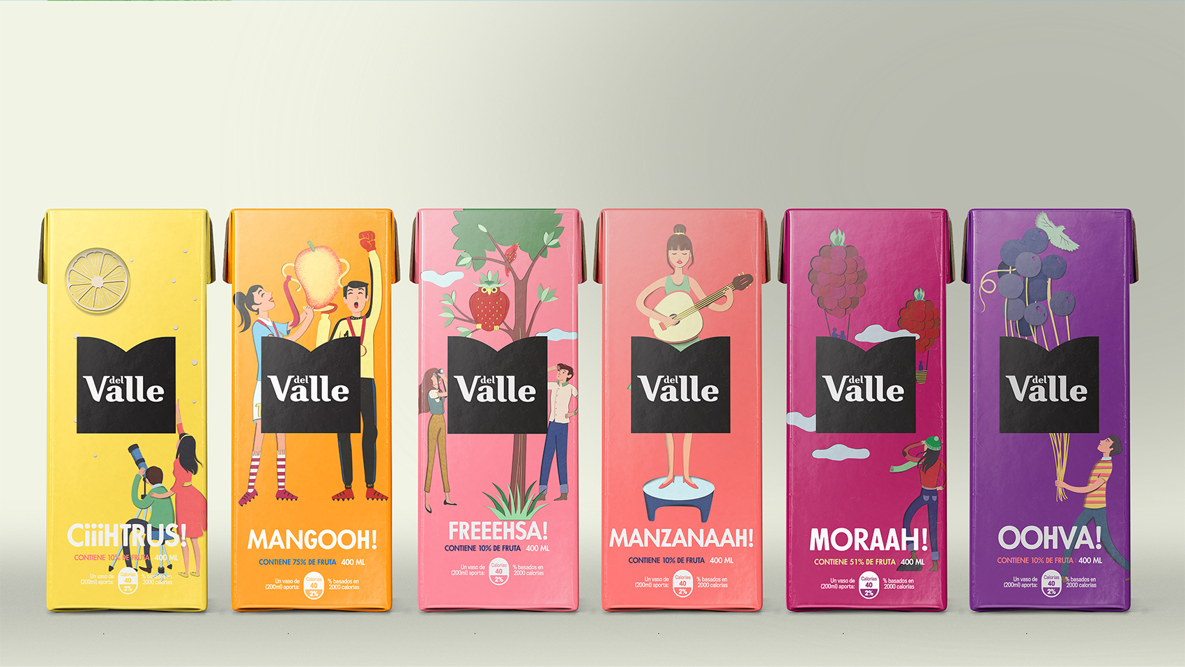 DEL VALLE 果汁包裝設計，少男少女+水果場景創意插畫