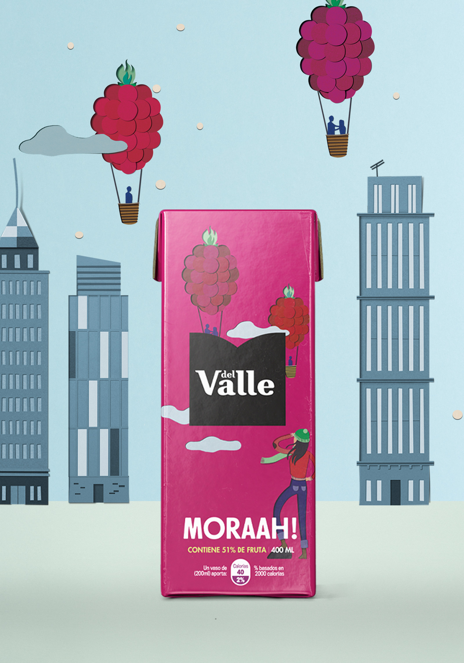 DEL VALLE 果汁包裝設計，少男少女+水果場景創意插畫